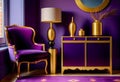 Gold vase on violet cabinet next to a chair in purple