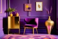 Gold vase on violet cabinet next to a chair in purple