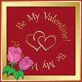 Gold vector frame on red background with hearts and roses - vale Royalty Free Stock Photo