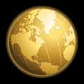Gold vector globe on black background. Glossy Earth business concept icon. Royalty Free Stock Photo