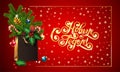 Gold Vector drawn lettering Russian text Happy New Year. 3d Shopping bag, spruce, fir branches, offer sale advertising