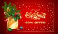 Gold Vector lettering text Merry Christmas 3d Shopping bag fir branches, xmas red card. Christmas Sale offer advertising Royalty Free Stock Photo