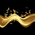 Bright shiny golden smooth wave with butterflies on a dark background. design element Royalty Free Stock Photo