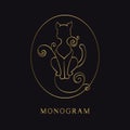Gold Vintage Cat. Drawn Engraving. Linear Emblem. Monogram Template for Cards, Invitations, Book Design, Restaurant Menu,