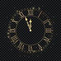 Gold vintage clock with Roman numeral and countdown midnight, eve for New Year. Golden wall clock-face dial at transparent