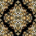 Gold vintage 3d floral seamless pattern. Black vector background Royalty Free Stock Photo