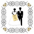 Gold vintage frame with Hebrew symbols. A Jewish wedding, a hupa, a bride and groom with a ketubah in their hands. Black