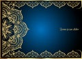 Gold vintage greeting card on blue background. Luxury ornament template. Great for invitation, flyer, menu, brochure