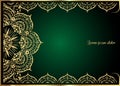 Gold vintage greeting card on green background. Luxury ornament template. Great for invitation, flyer, menu, brochure