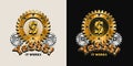 Gold vintage label with gold dollar symbol. Concept of success and wealth. Vector emblem