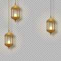 Gold vintage luminous lanterns. Arabic shining lamps. Isolated hanging realistic lamps. Effects transparent background.