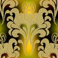 Gold vintage stippled vector seamless pattern. Glowing ornate luxury background. Grunge textured golden flowers