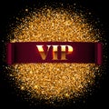 Gold vip label, realistic ribbon on shiny glitter background