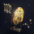 Gold Virgo zodiac sign poster with girl face zodiac figure, symbol glyphs, constellation and name