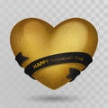 Gold volumetric retro heart and black ribbon with golden lettering Happy Valentines Day. Isolated on transparent background with