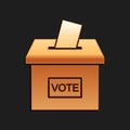 Gold Vote box or ballot box with envelope icon isolated on black background. Long shadow style. Vector