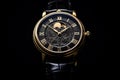 Gold watch with black dial and moon on the face. Generative AI Royalty Free Stock Photo