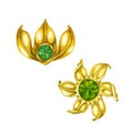 Gold watercolor brooch with green trefoil and quatrefoil. Design of a bright illustration of jewelry for St. Patrick