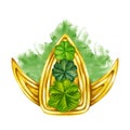 Gold watercolor brooch with green trefoil and quatrefoil. Design of a bright illustration of jewelry for St. Patrick