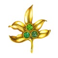 Gold watercolor brooch with green trefoil and quatrefoil. Design of a bright illustration of jewelry for St. Patrick