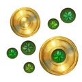 Gold watercolor brooch with green trefoil and quatrefoil. Design of a bright illustration of jewelry for St. Patrick