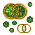 Gold watercolor brooch with green trefoil and quatrefoil. Design of a bright illustration of jewelry for St. Patrick