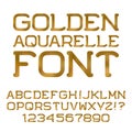 Gold watercolor letters and numbers. Golden aquarelle font