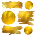 Gold Watercolor Texture Paint Stain Abstract Illustration. Shining Brush Stroke Set for you Amazing Design Project. Royalty Free Stock Photo