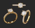 Gold wedding diamond ring set isolated background 3d rendering Royalty Free Stock Photo