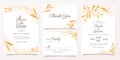 Gold wedding invitation card template set with floral and glitter decoration. Elegant abstract background save the date, Royalty Free Stock Photo