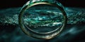 Gold wedding ring band under water. Abstract underwater silver background. Metal circles with ripples bubbles and waves.