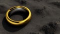 The gold wedding ring lies on the dry gray ground. The lost ring lies on the dirty ground. Generated AI.