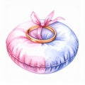 Gold Wedding Ring on Pink and Blue Pillow with Bow Royalty Free Stock Photo