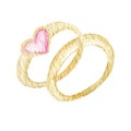 Gold wedding ring with pink heart gemstone. Watercolor isolated illustration on white background. Love Valentines day Royalty Free Stock Photo