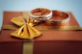 Gold wedding rings, close-up. Rings bride and groom, macro photo. Wedding attributes and decorations Royalty Free Stock Photo