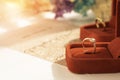 Gold wedding rings or engagement rings in red box. Couple ring beautiful and elegant. Gift for marry or celebrate. soft and select Royalty Free Stock Photo