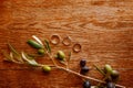 Gold wedding rings and an engagement ring on a brown background with a sprig of olive tree fruits.