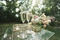 Gold wedding rings in a glass box, champagne glasses on a glass table. Royalty Free Stock Photo