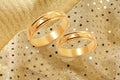 Gold wedding rings on golden festive background