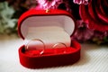 gold wedding rings in a red velvet box on the background of the bridal bouquet. close-up  macro Royalty Free Stock Photo