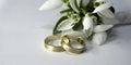 Gold Wedding rings and snowdrop flowers Royalty Free Stock Photo