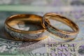Gold wedding rings surrounded by a stack of Polish banknotes Royalty Free Stock Photo