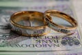 Gold wedding rings surrounded by a stack of Polish banknotes Royalty Free Stock Photo