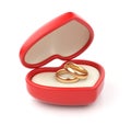 Gold wedding rings in valentine box 3D. Isolated