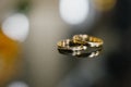 Gold wedding rings at the wedding, the bride`s diamond ring Royalty Free Stock Photo