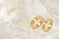 Gold wedding rings on white festive background