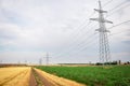 Gold wheat field and blue sky. High voltage electric transmission pylon silhouette tower Royalty Free Stock Photo