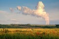 Gold Wheat field panorama with trees at sunset, rural countryside. Against the background of a huge cloud from a nuclear power pla Royalty Free Stock Photo