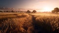 Gold Wheat flied panorama with tree at sunset, rural countryside. AI Generative Royalty Free Stock Photo