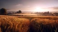 Gold Wheat flied panorama with tree at sunset, rural countryside. AI Generative Royalty Free Stock Photo
